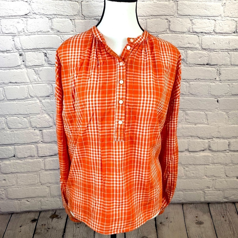 Universal Thread Orange Cream Plaid Blouse Large Lightweight Flannel Shirt NWT